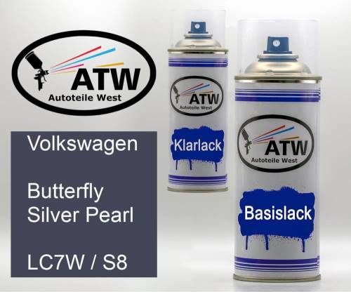 Volkswagen, Butterfly Silver Pearl, LC7W / S8: 400ml Sprühdose + 400ml Klarlack - Set, von ATW Autoteile West.